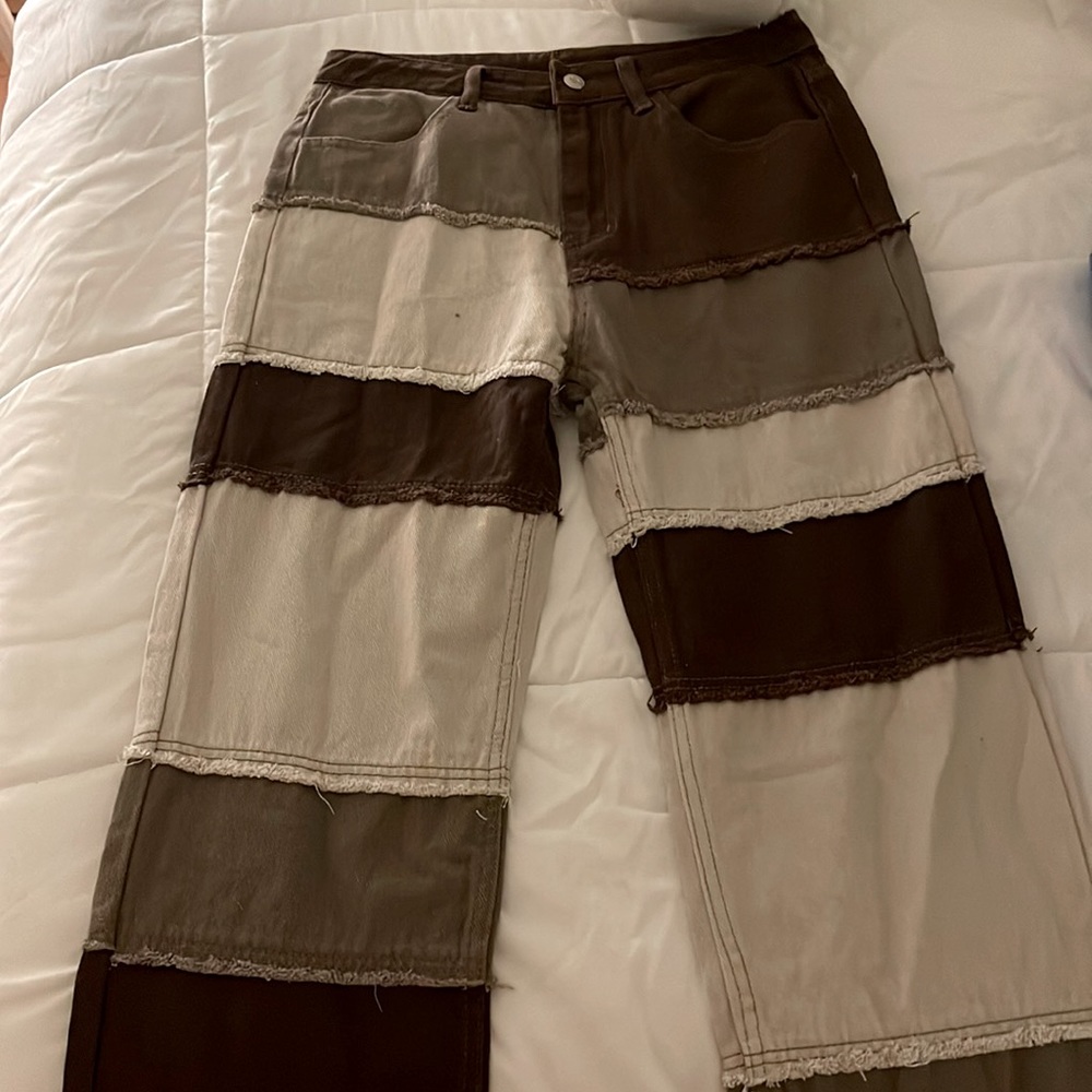 beige and brown patched jeans